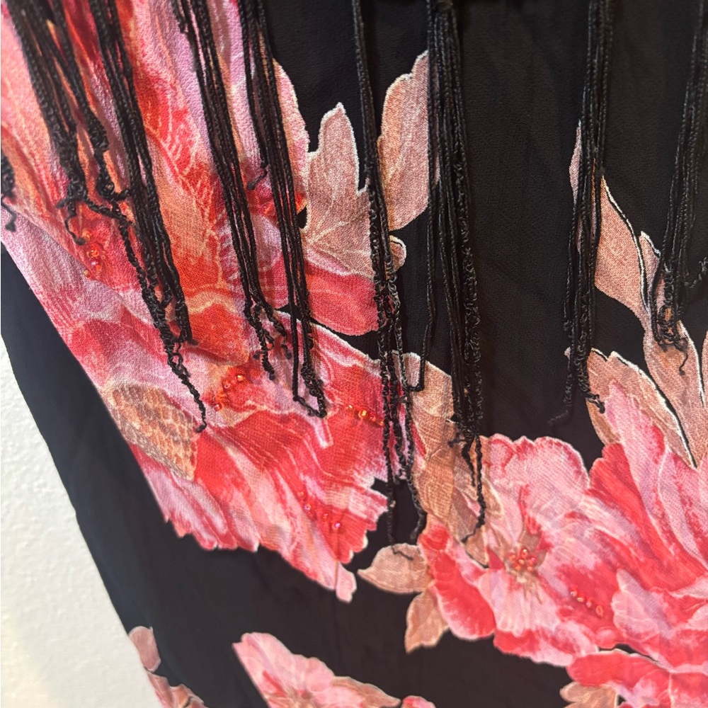 Vintage Whimsigoth Boho Fairycore Black Floral Fringe Chiffon Dress Beaded - Picture 4 of 15